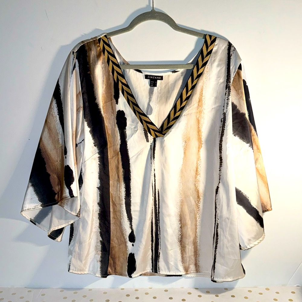 Zinzane Black/White/Gold Print  Silk Blouse Sz Large